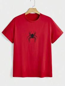 Short Sleeve T-Shirt With Spider Pattern Print, Perfect For Summer - 紅色的 - 查看 2