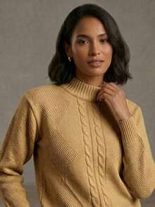 Women's Modal Knit Winter Blouse With Braided High Neck, Modern Style - Beige - View 3