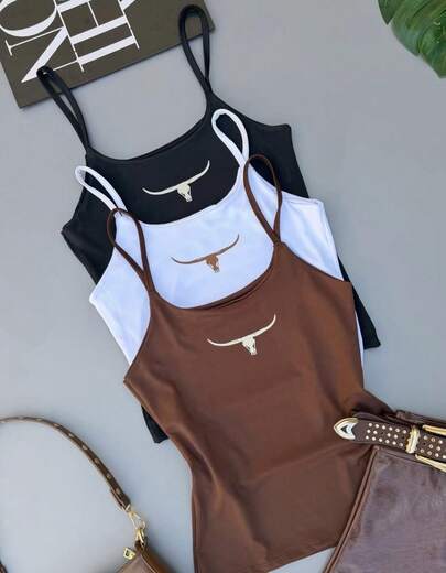 Kit três blusas em Suplex alça fina estampa de boi, vaca, country