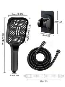 3pcs Black Square Button Shower Head Set, High Pressure 3-Function Handheld Shower With 59 Inch Stainless Steel Hose & Adhesive Bracket, No-Drill Installation, Black Handheld Shower Sprayer Kit - Black - View 8