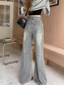 Jeans acampanados desgastados con bolsillos en sesgo, casual de primavera - gris verde - Ver 3