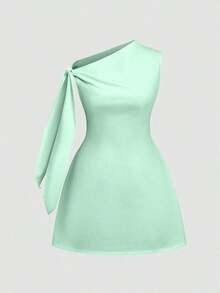 Vestido corto minimalista de mujer de unicolor elegante con hombros con lazo y sin mangas, de verano en colores claros - verde menta - Ver 4