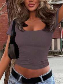 y sexy de punto para mujer Vaiaye, camiseta casual de cuello cuadrado de unicolor, blanco para primavera/verano - gris morado - Ver 8