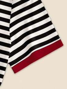 Conjunto informal de 2 piezas de mujer con camiseta de rayas y pantalones de unicolor, para verano - Blanco y Negro - Ver 4