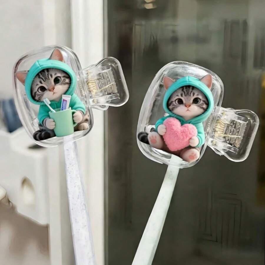 3/2/1對可愛小貓穿綠色套頭衛衣拿愛心圖案便攜式牙刷頭蓋,收納盒,牙刷保護帽架,居家、商務旅行、日常使用與戶外旅行必備浴室配件,便攜式牙刷收納盒,日常牙刷維護,便攜式牙刷保護蓋,動物主題收納盒,裝飾性牙刷蓋,緊湊收納方案 - 彩色 - 查看 1