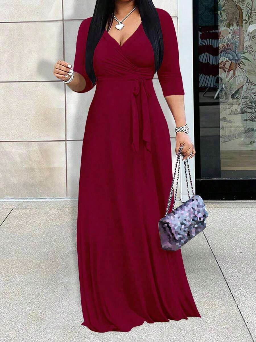2026 Vestido de mujer con cuello en V y cintura ceñida, manga corta, elegante negro para primavera/verano - Burdeos - Ver 1