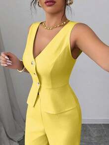 Conjunto de camiseta sin mangas y pantalones elegante para mujer, estilo de oficina y transporte, atuendo de otoño para maestros - Amarillo 3 - Ver 3