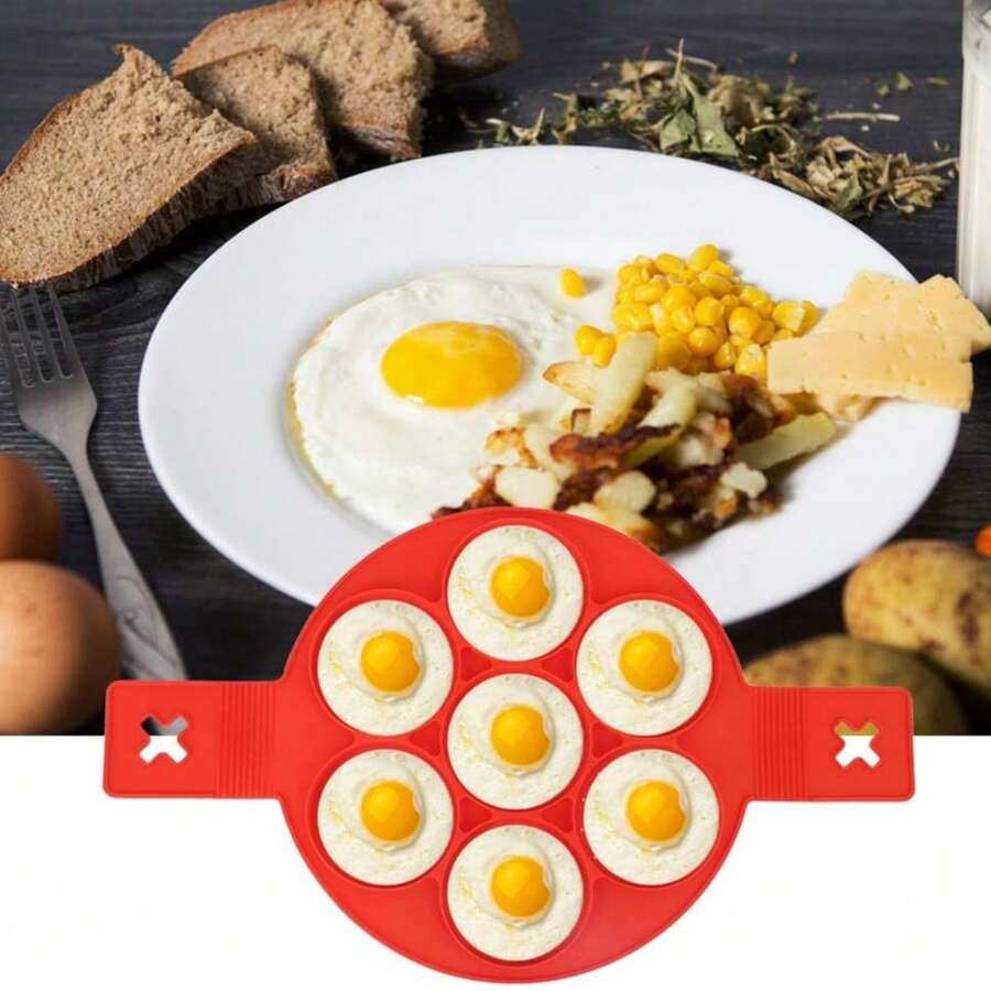 1pc Silicone 7-Cavity Pancake & Egg Mold - Non-Stick Heat Resistant Reusable Egg Ring - Red - View 1