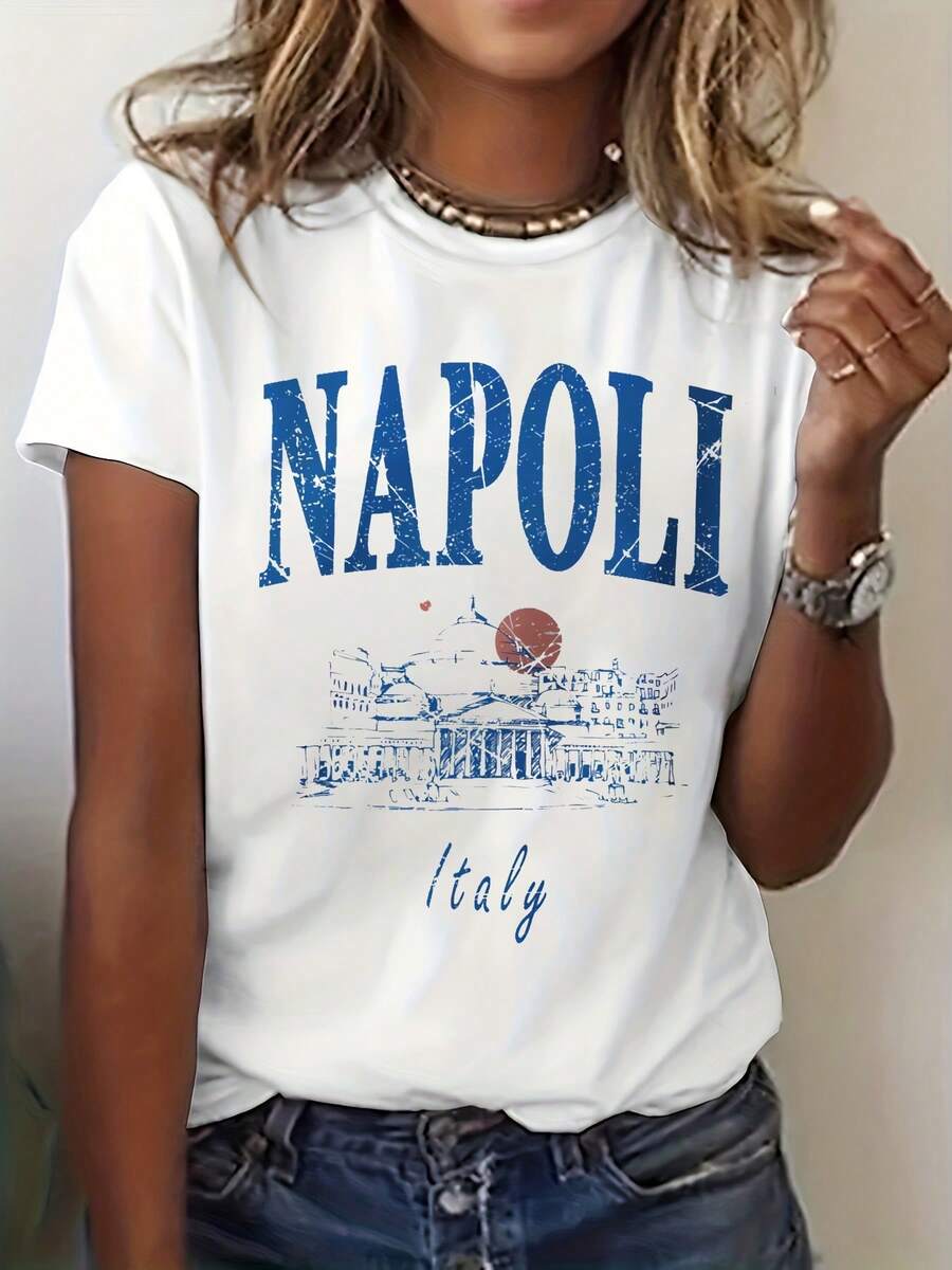 Camiseta Estética de la Ciudad de Nápoles, Italia, con Estampado Gráfico, Manga Corta y Cuello Redondo, Casual para Verano y Primavera, Ropa de Mujer - Negro - Ver 1