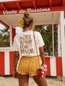 Camiseta de mujer, camiseta gráfica de manga corta de estilo casual de calle, linda blusa de verano - Albaricoque 4 - Ver 6