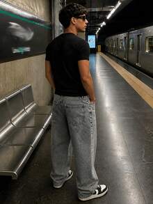 Men's Oversized Wide Leg Balloon Jeans Without Elastane - Gray Marbleized - View 5