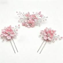 3件套浅粉色花朵和仿珍珠手工发梳，适合女性、节日、生日佩戴 - 彩色 - 查看 3