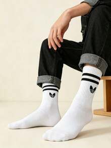 1/5 Pairs Unisex White Striped Mid-Calf Socks, Casual Comfortable Versatile Socks Suitable For Daily Wear, Back To School Season, All Seasons - White - View 7