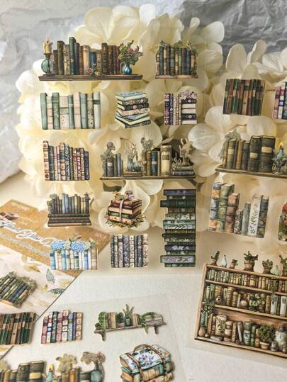 Pacote com 2 adesivos de papelão rígido com tema de estante de livros vintage, materiais decorativos para scrapbooking, adesivos DIY estilo estante de livros antigos
