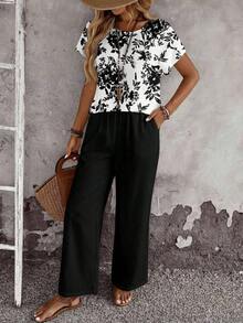 Set de 2 piezas con top de manga corta y pantalón de pierna ancha con estampado geométrico para mujer - Multicolor - Ver 1