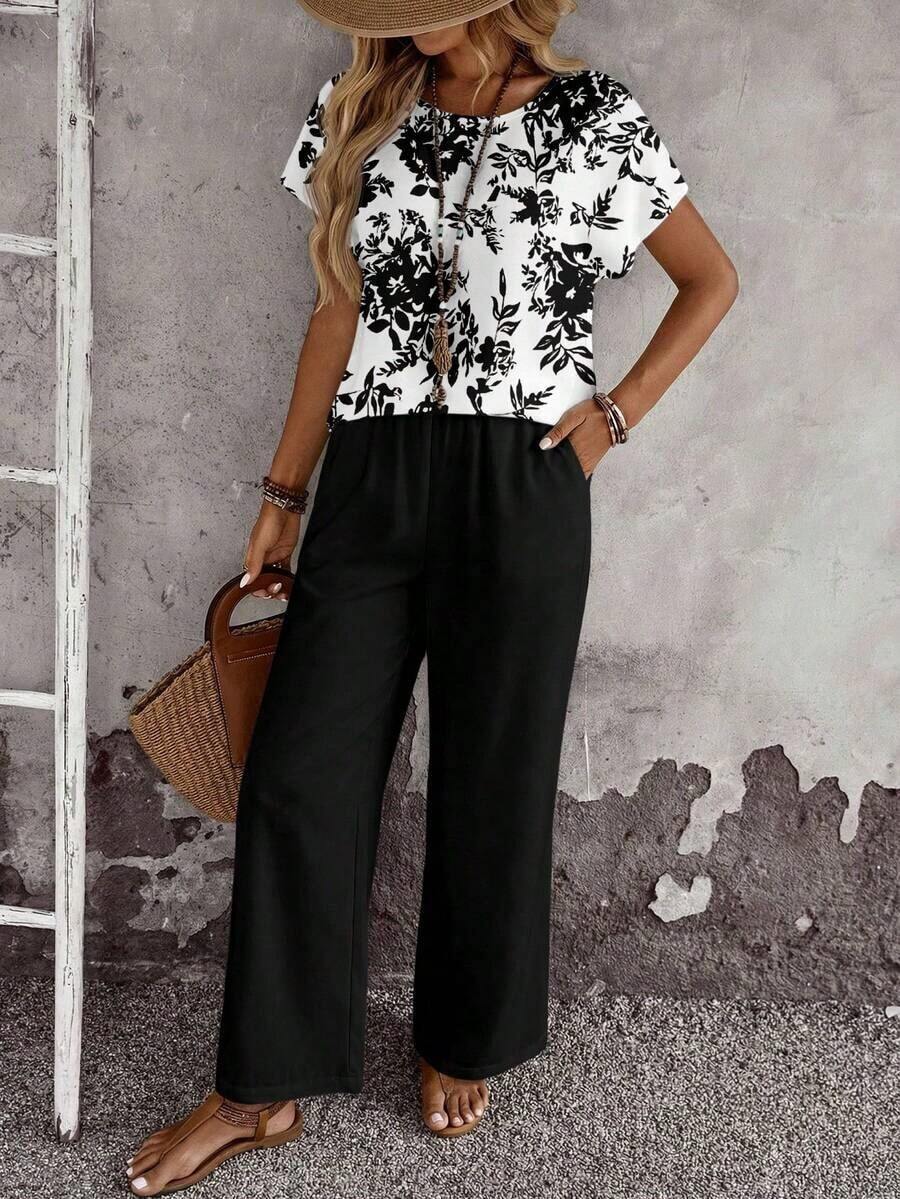 Set de 2 piezas con top de manga corta y pantalón de pierna ancha con estampado geométrico para mujer - Multicolor - Ver 1