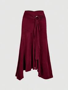 High Waist Ruffle Asymmetrical Hem Skirt Brown Midi Skirt Tie Skirt Wrap Skirt Asymmetrical Skirt Brown Tie Skirt - Blanco - Ver 1