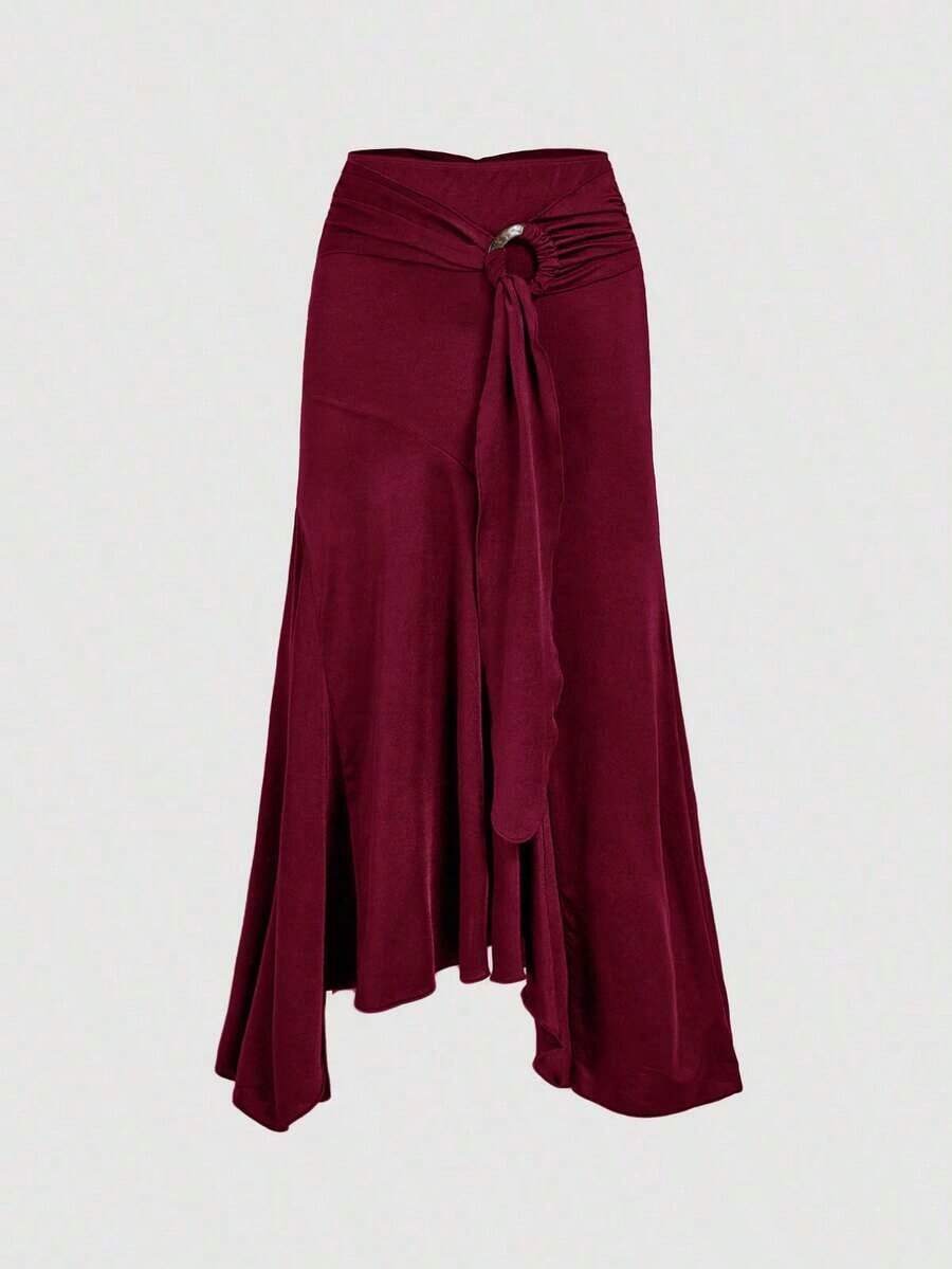 High Waist Ruffle Asymmetrical Hem Skirt Brown Midi Skirt Tie Skirt Wrap Skirt Asymmetrical Skirt Brown Tie Skirt - Blanco - Ver 1