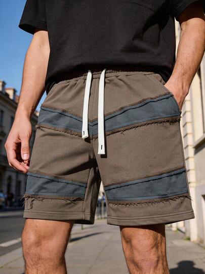 Men's Street Style Casual Shorts, Coffee Color Patchwork With Frayed Hem, Drawstring Waist, Loose Fit