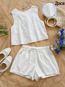 Top sin espalda con textura y lazo, holgado y casual para vacaciones, shorts casuales con elástico en la cintura y bolsillos, para playa y mar - Blanco - Ver 8