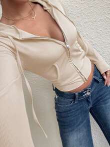 Chaqueta Corta con Capucha y Cordón Ajustable de Color Sólido para Mujer, Ropa de Otoño Invierno para Mujer - Blanco - Ver 2