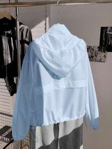 1 pieza Chaqueta casual con capucha, cremallera frontal, manga larga y protección solar, de unicolor, para otoño/invierno - Azul - Ver 2