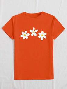 Camiseta cómoda de mujer con estampado de rayas y flores de margarita, cuello redondo, manga corta, minimalista y versátil para uso casual - Naranja 2 - Ver 5