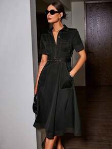 Vestido casual de mujer con inspiración vintage de manga corta, diseño de bloqueo de color con cuello, botones delanteros y bolsillos, cintura ajustada, tela ligera y transpirable sin estiramiento, fácil cuidado.Consulte la tabla de tallas al realizar la compra. - Negro - Ver 1