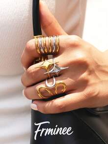 Frminee 3pcs/1pc Summer Gold Jewelry Stainless Steel Ring For Women, Stackable Western Jewelry, Accessories For Women, Suitable For Daily Vacation, Beach Accessories For Women - Multicolor - View 1