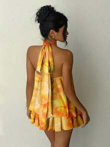 Elegant Women's Mini Dress With Halter Neck And Bow In Light Yellow - Kuning - View 2