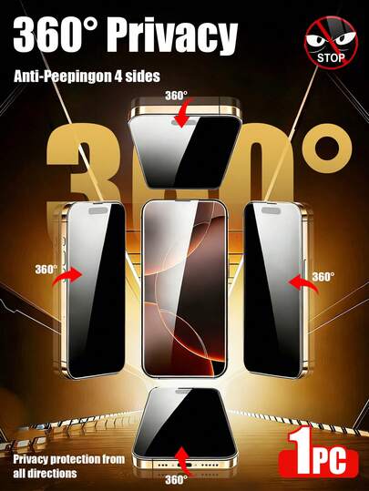 1片360°全覆盖隐私钢化玻璃屏幕保护膜，兼容 17 Pro Max/17 Air/16 Pro Max/15 Pro Max/15 Plus/14 Pro Max/13 Pro Max/12 Pro/11 Pro Max/XS Max - 防窥、四边全覆盖、防刮擦、兼容面容ID