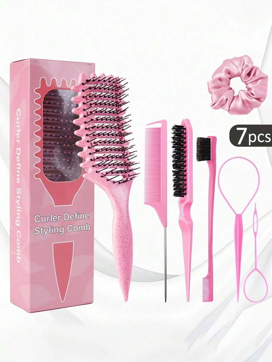 Bộ dụng cụ tạo kiểu tóc 7 món/3 món, bao gồm lược tạo kiểu tóc, dụng cụ tết tóc, lược đuôi nhọn và băng đô cài tóc. - Nhiều màu - Xem 1