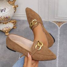 Spring/Summer Women's Pointed Toe Plus Size Flat Slip-On Shoes, Casual Comfortable, Metal Chain Decor, Mom Shoes - Brown - View 10