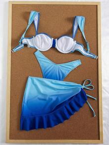 Conjunto de bikini de 3 piezas con lunares, diseño de tirantes anchos con aros proporciona un soporte cómodo, creando un look de playa de moda, perfecto para la playa de verano y fiestas en la piscina - Azul degradado - Ver 3
