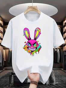 Estilo Artístico de Moda: Camiseta Blanca de Manga Corta Holgada con Colorido Graffiti de una Cabeza de Conejo Extravagante - Negro - Ver 12