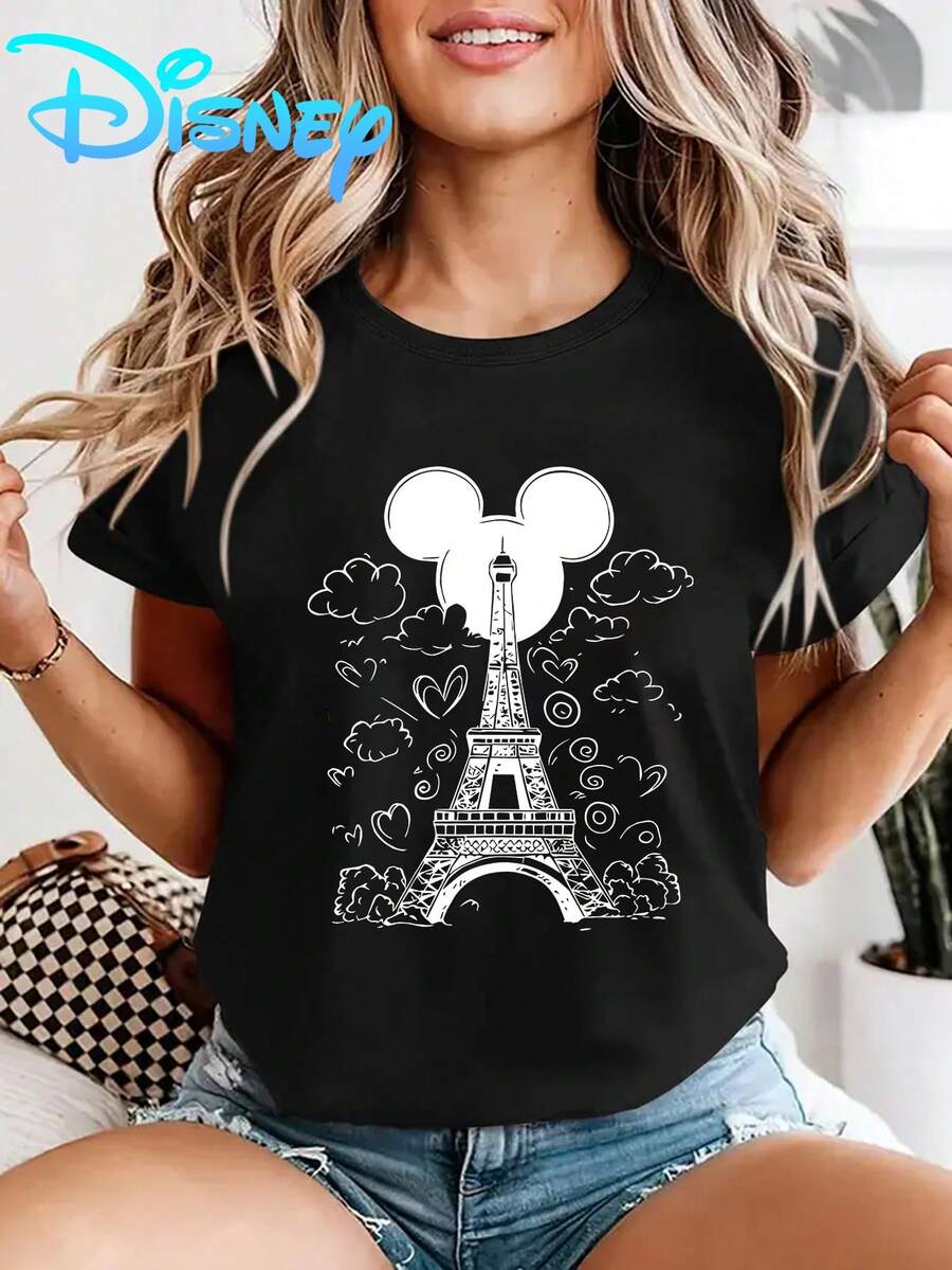 Disney Mickey Mouse And Eiffel Tower Pattern Women's T-Shirt-White Y2K Casual Short-Sleeved Shirt, Soft And Elastic Impermeable Fabric, Machine Washable For Daily Wear In Summer, Disney Family Series, Fun Cartoon Design, Easy-To-Care Comfortable T-Shirt, Summer Women's Dress, Suitable For Women's Clothing In Spring And Summer, Disney Short-Sleeved, Summer Women's Dress, Officially Authorized Disney T-Shirt, Disney Men's And Women's Fashion Short-Sleeved T-Shirt In Spring And Summer, Unisex, Perfect Gift. - màu đen - Xem 1