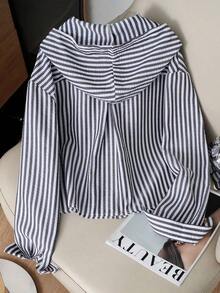 Camisa con capucha holgada con cordón de rayas azules y blancas para mujer, nueva para primavera/otoño - Blanco y Negro - Ver 2