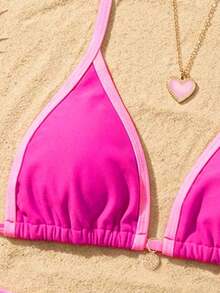 Swim Mod Conjunto de bikini de triángulo con copa sólida para mujer, traje de baño sexy de dos piezas con lazos - Rosa Fucsia - Ver 5