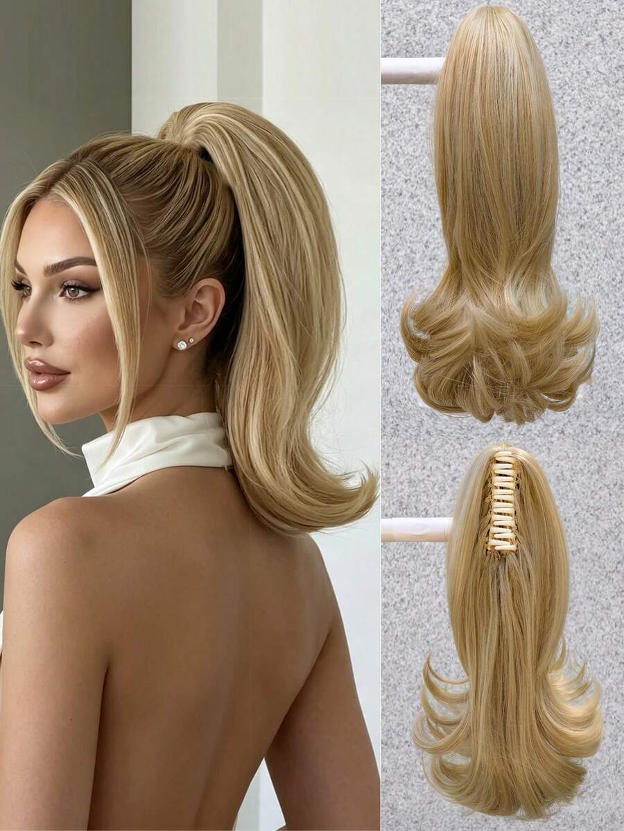 Women's Straight Hair Ponytail Clip, High-Temperature Fiber Natural Straight Hair Ponytail, Suitable For Girls, Gold Color - 亞麻金 - 查看 1