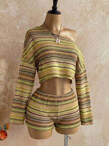 Casual 2-Piece Set Consisting Of A Cropped Top With An Irregular Neckline And Lettuce Hem, And Shorts, In A Solid Color, For Vacation, Spring/Summer - 橄欖綠 - 查看 4