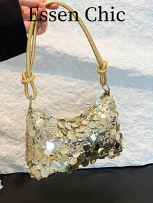 1 pieza Bolso de hombro de forma de media luna brillante dorado de PVC para mujeres - Dorado - Ver 8
