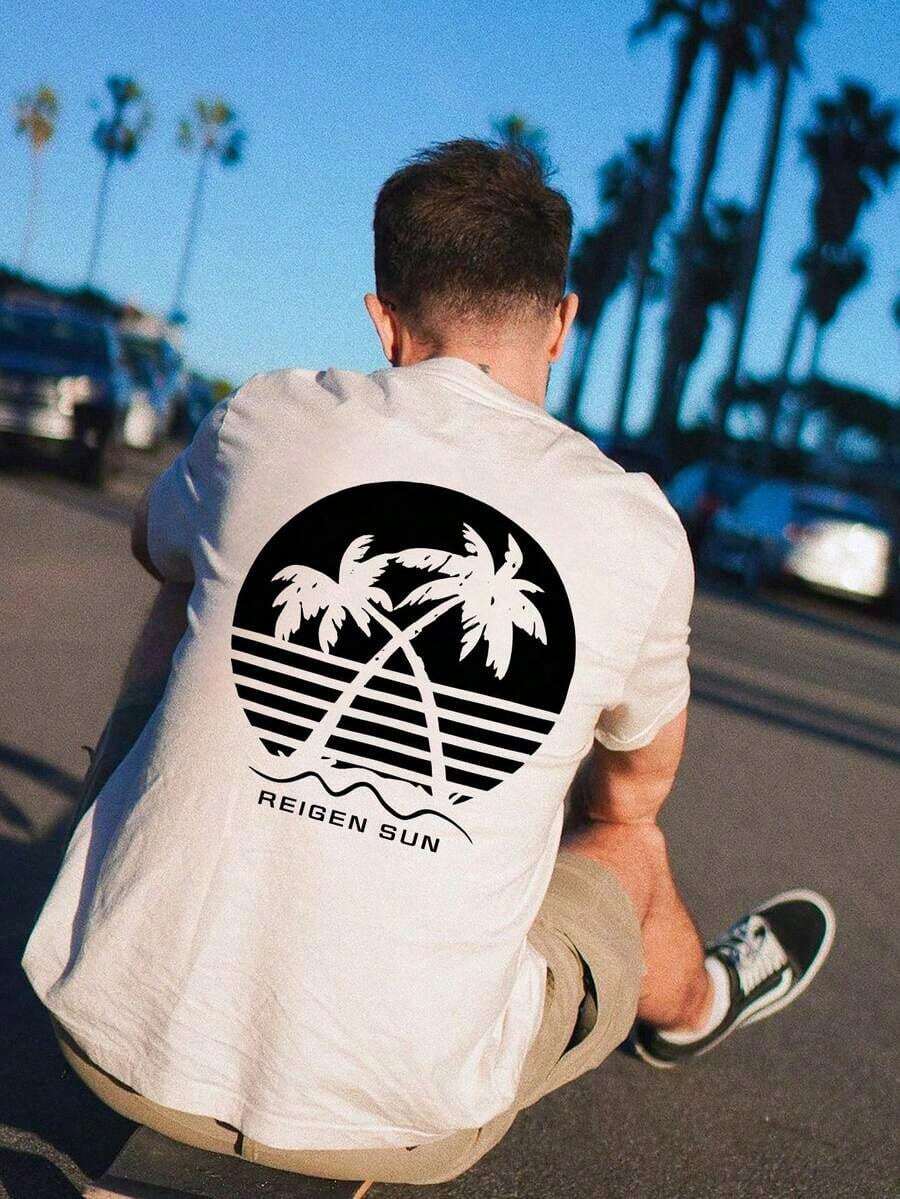 Coastal | New Men's Summer T-Shirt With Coconut Tree And Letter Print, Short Sleeve, Crew Neck, Casual Holiday Wear, 100% Cotton - 白色 - 查看 1