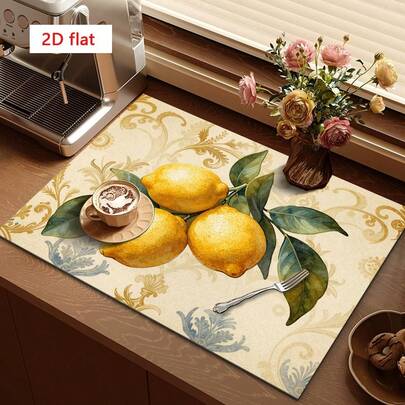 1pc Vintage Floral Lemon Fruit Leaves Pattern Dish Drying Mat, Absorbent Tabletop Draining Pad Suitable For Dining Table And Cafe, Multipurpose Drainage Mat, Home Gift, Desktop Decor