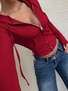 Women's Solid Color Hooded Jacket, Long Sleeve, Zipper Closure And Front Pocket, Autumn And Winter Clothing For Women - 紅色 - 查看 5