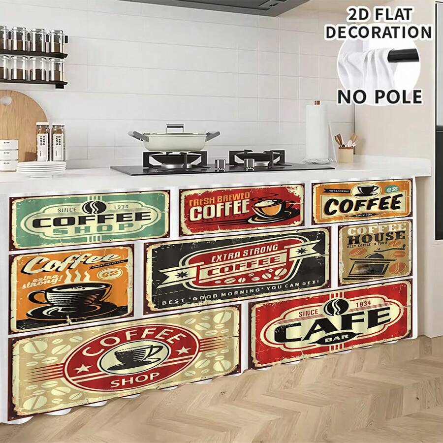1 pieza, Decoración del hogar, Falda de mesa con estampado de café, Cortina pequeña de cocina, Cubierta de gabinete de cocina, Con agujeros para cortina, Fácil de colgar, Rectangular, Tejido a máquina, Lavable a máquina, Decoración y accesorios de cocina, Perfecto para gabinetes de cocina y decoración del hogar - Multicolor - Ver 1