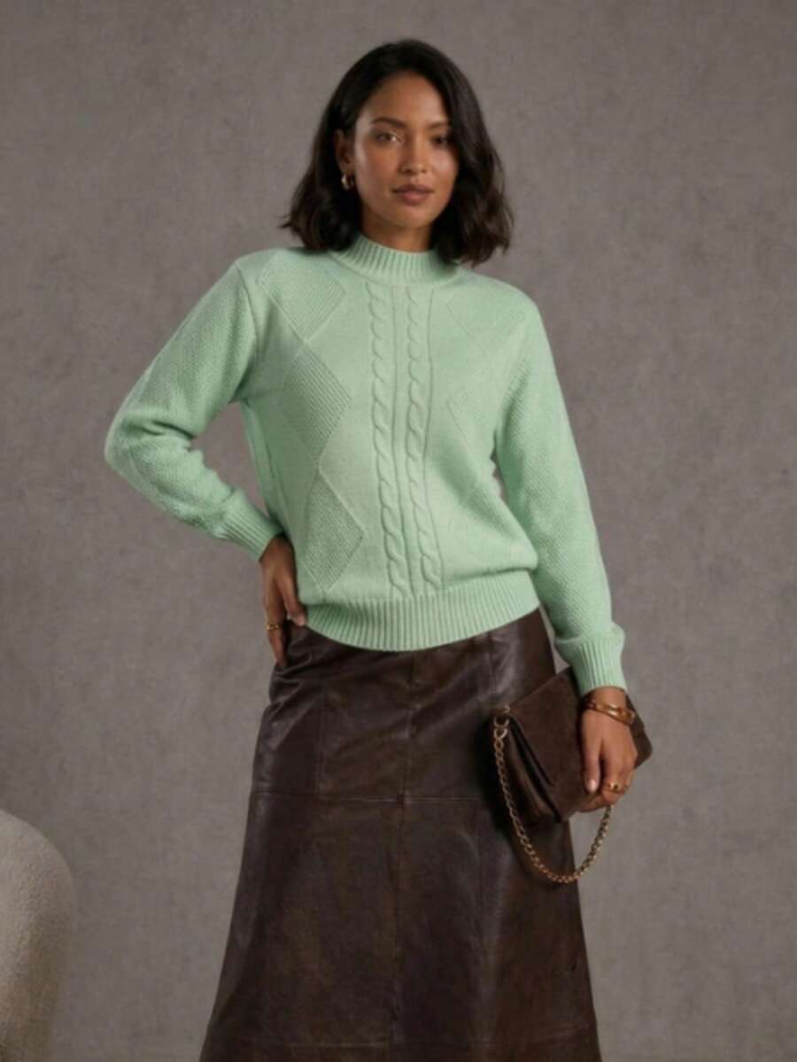 Women's Modal Knit Winter Blouse With Braided High Neck, Modern Style - Olive Green - View 1