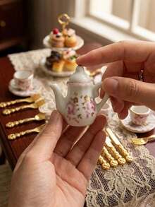 12/27pcs Miniature Ceramic Tea Set 1:12 Dollhouse Porcelain Tea Set, Mini Tea Cups Plates Teapot Tableware Set, Floral Pattern Mini Kitchen Accessories, Dollhouse Furniture Decor Gnome Kitchen Accessories, Birthday Gift Mini Tableware DIY Scene Props - A - View 3