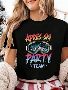 Camiseta de manga corta para mujer con estampado de letras "Apres-Ski Party Team" y "Snow Mountain", cuello redondo, top casual para primavera/verano, tejido elástico medio - Negro - Ver 6