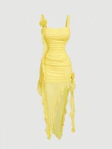 MOD Vestido romántico con estampado floral para mujeres, adecuado para citas, Día de San Valentín - Amarillo - Ver 5