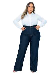 Calça Wide Leg Plus Size Cintura Alta com elastano confortável 46 ao 60 - Azul Marinho - Visão 13